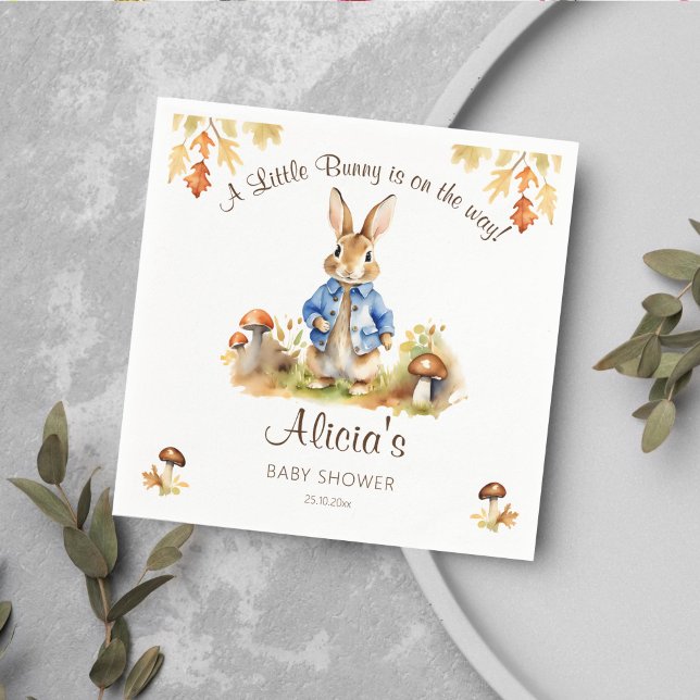 Servilleta De Papel Cubierta de ducha de bebé con temática de caída de (Peter rabbit fall themed baby shower tableware personalized napkins cute bunny blue jacket mushrooms)