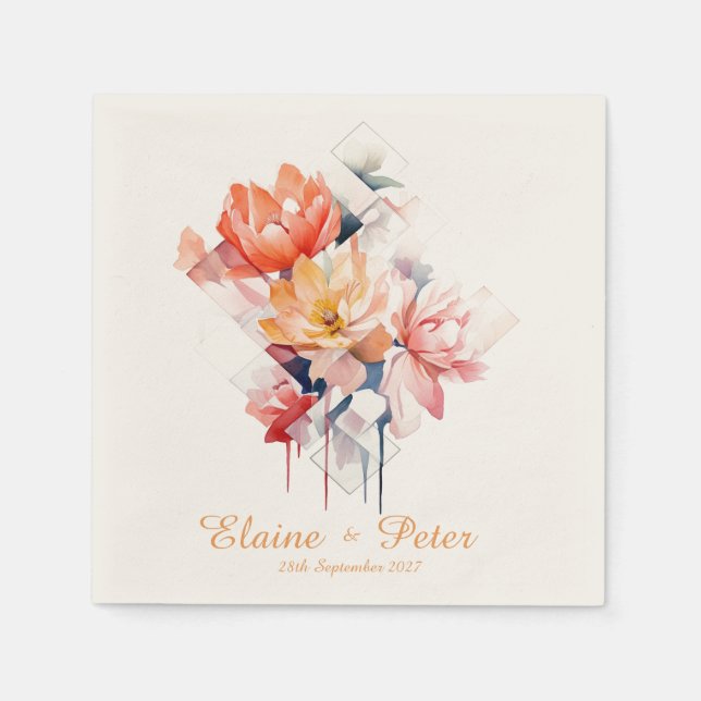 Servilleta De Papel Cubos Amarillos y Flores: Servilletas de Boda Pers (Anverso)
