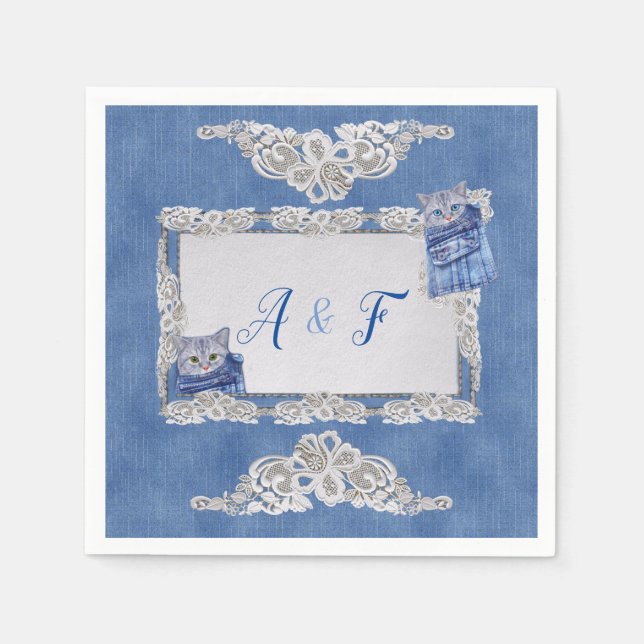 Servilleta De Papel Cubos de Denim Jean, gatitos y encaje (Anverso)