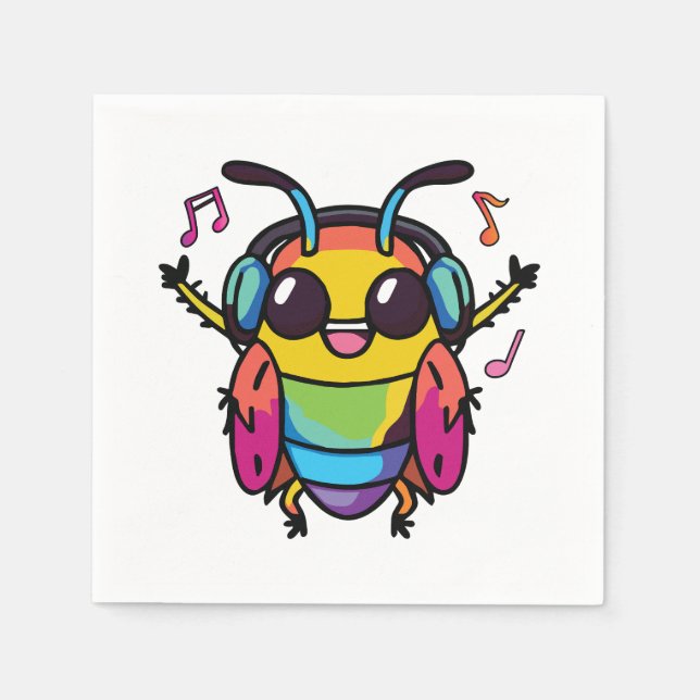 Servilleta De Papel Cucaracha feliz con auriculares escuchando música (Anverso)
