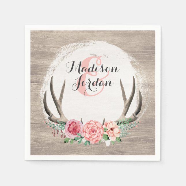 Servilleta De Papel Cuerno Floral Rústico Madera Boda Personalizada (Anverso)