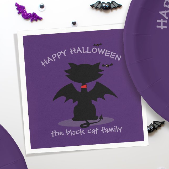 Servilleta De Papel Cuidada Halloween Black Cat Bat Wings Purple Napki (Purrfect paper napkins for your black cat themed Halloween Party. Just add your family name)