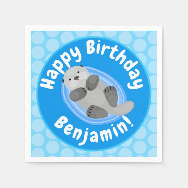Servilleta De Papel Cuidada y feliz nutria azul personalizado ilustrac (Anverso)