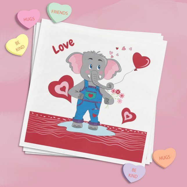 Servilleta De Papel Cuidados elefantes Personalizados Blancos y servil (Cute red and white Paper napkins with a cartoon elephant and some hearts . )