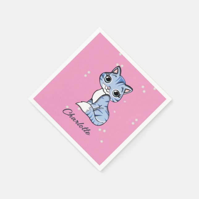 Servilleta De Papel Cuidar gato azul en nombre personalizado rosa (Borde)