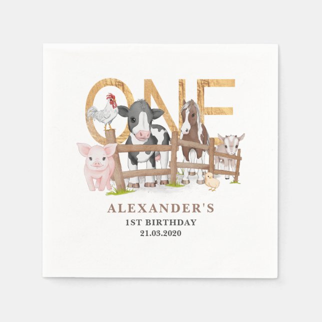 Servilleta De Papel Cumpleaños 1º Azul Animales de Granja Corral Niños (Anverso)