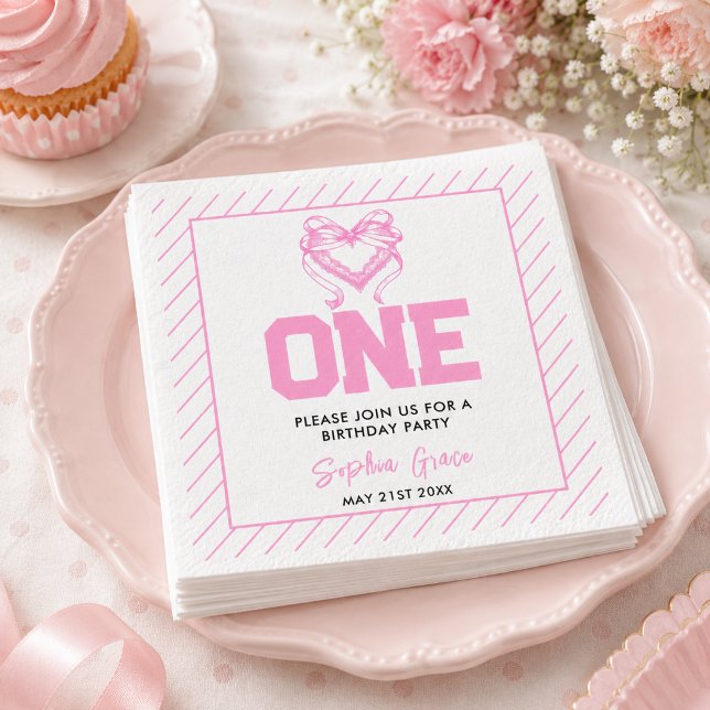 Servilleta De Papel Cumpleaños 1º Coquette Lazo Rosa Adorable (Cute Pink Bow Coquette 1st Birthday Napkins)