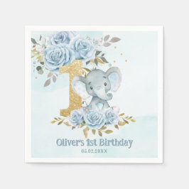 Servilleta De Papel Cumpleaños 1º Elefante Floral Azul Bebé Niño