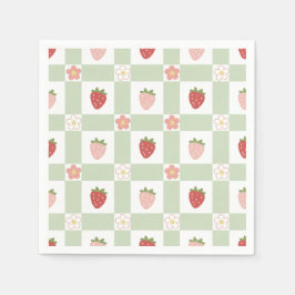 Servilleta De Papel Cumpleaños 1º Fresa Gingham Verde Pastel