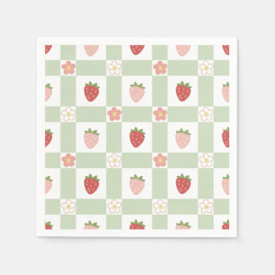 Servilleta De Papel Cumpleaños 1º Fresa Gingham Verde Pastel