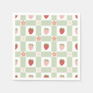 Servilleta De Papel Cumpleaños 1º Fresa Gingham Verde Pastel