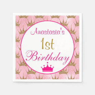 Servilleta De Papel Cumpleaños 1º Princesa Rosa Caliente Dorado Brilla