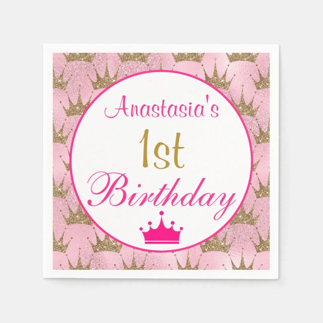 Servilleta De Papel Cumpleaños 1º Princesa Rosa Caliente Dorado Brilla (Anverso)