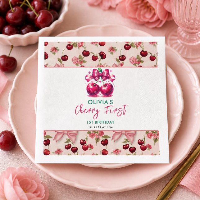 Servilleta De Papel Cumpleaños 1º Watercolor Coquette Cherry (Watercolor Coquette Cherry 1st Birthday Napkins)