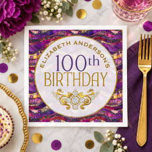 Servilleta De Papel Cumpleaños 100 con diseño de estratos enjoyados de