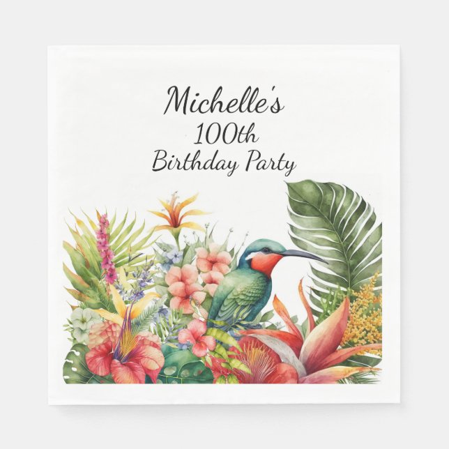 Servilleta De Papel Cumpleaños 100 del Colibrí Floral Tropical (Anverso)