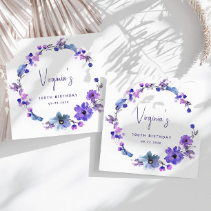 Servilleta De Papel Cumpleaños 100 Floral Acuarela Azul Púrpura