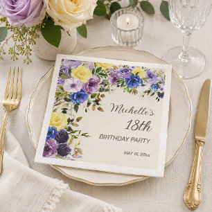 Servilleta De Papel Cumpleaños 18 en Floral Acuarela Amarillo Púrpura