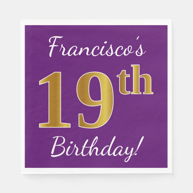 Servilleta De Papel Cumpleaños 19 de Morado, Dorado Falso + Nombre Per (Anverso)