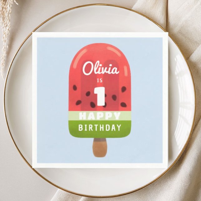 Servilleta De Papel Cumpleaños 1 de Cute Watermelon Popsicle (Cute Watermelon Popsicle 1st Birthday Napkins)