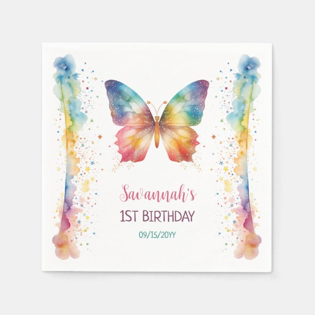 Servilleta De Papel Cumpleaños 1 de Mariposa Arcoíris Revoloteando (Anverso)