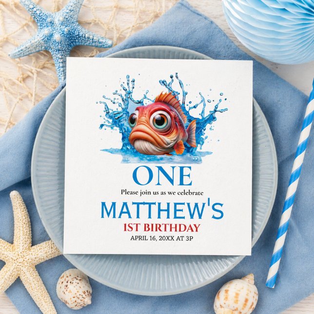 Servilleta De Papel Cumpleaños 1 de Pez Azul de Agua Lindo (Cute Water Blue Fish 1st Birthday Napkins)