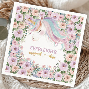 Servilleta De Papel Cumpleaños 1 de Unicornio Mágico Flor Púrpura
