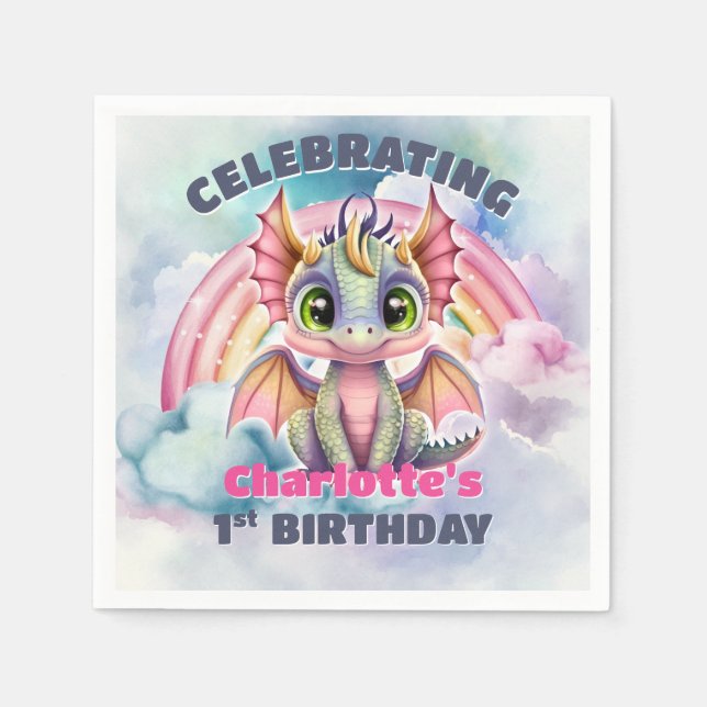 Servilleta De Papel Cumpleaños 1 del dragón rosa (Anverso)