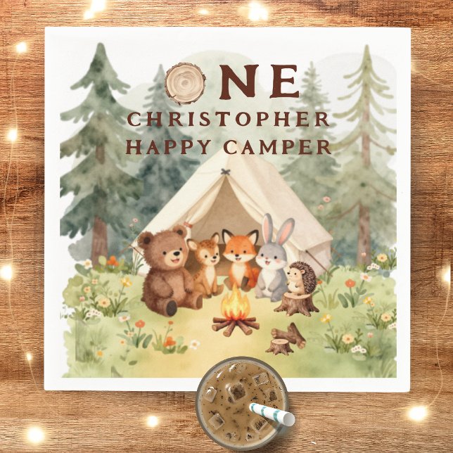 Servilleta De Papel Cumpleaños 1 Feliz Campista Acuarela (Watercolor Happy Camper 1st Birthday Napkins)