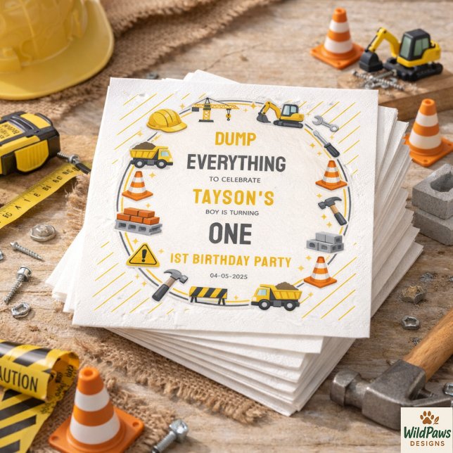 Servilleta De Papel Cumpleaños 1 | Fiesta de Camión de Construcción (Construction 1ST Birthday | Builder Truck Party Napkins
)
