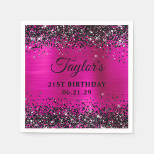 Servilleta De Papel Cumpleaños 21 Brillante Negro con Holográfico Rosa