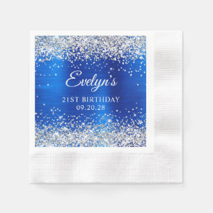 Servilleta De Papel Cumpleaños 21 Brillante Plateado Azul Real Foil