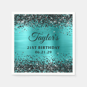 Servilleta De Papel Cumpleaños 21 Brillante Turquesa Azul Negro