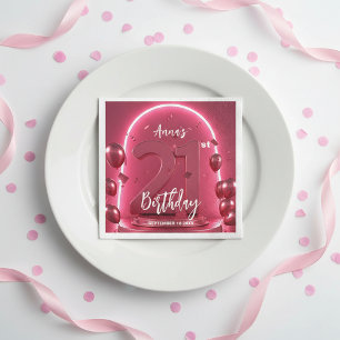 Servilleta De Papel Cumpleaños 21 Chic Glam Vibrante Rosa Neon Glow