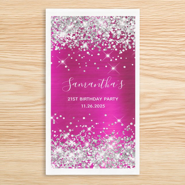 Servilleta De Papel Cumpleaños 21 de ella con brillo rosa y plata (Her 21st Birthday Hot Pink and Silver Glitter Paper Guest Towels)