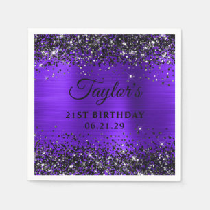 Servilleta De Papel Cumpleaños 21 en negro con brillo violeta foil