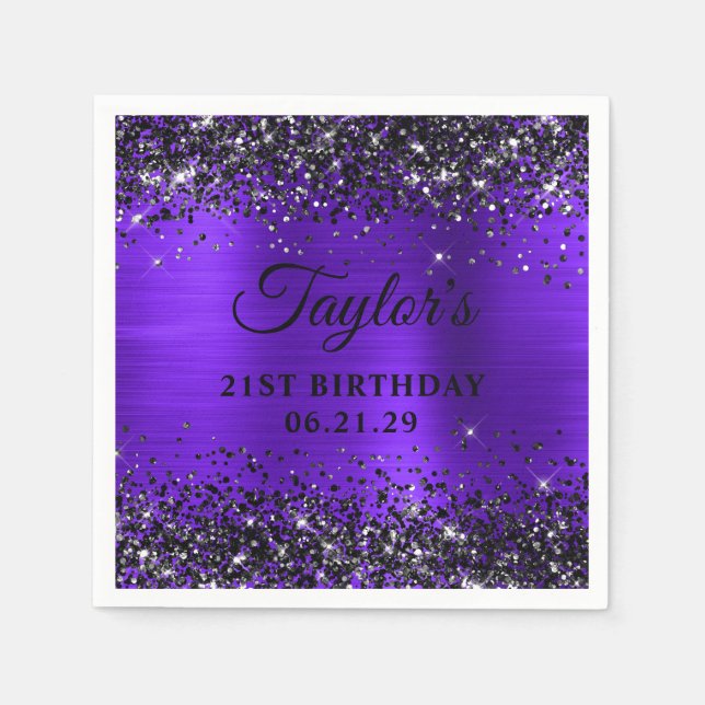 Servilleta De Papel Cumpleaños 21 en negro con brillo violeta foil (Anverso)