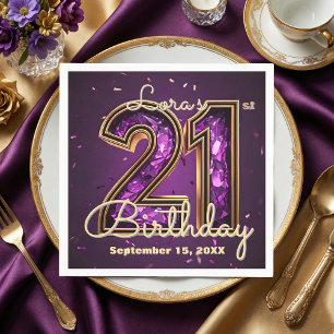 Servilleta De Papel Cumpleaños 21 Glam amatista púrpura cristal oro