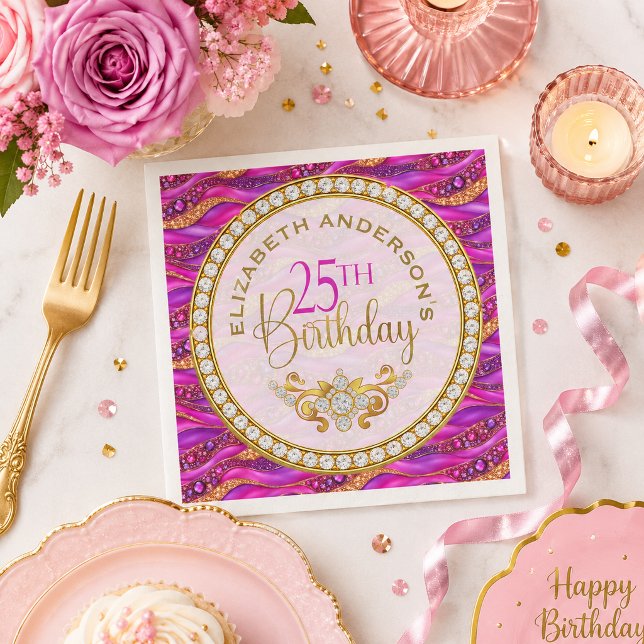 Servilleta De Papel Cumpleaños 25 Glam Pink Gold Joyas Strata (Elegant pink and gold jeweled 25th birthday paper napkin on luxury party table setting.
)