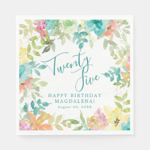 Servilleta De Papel Cumpleaños 25 Verano Floral Acuarela Personalizado