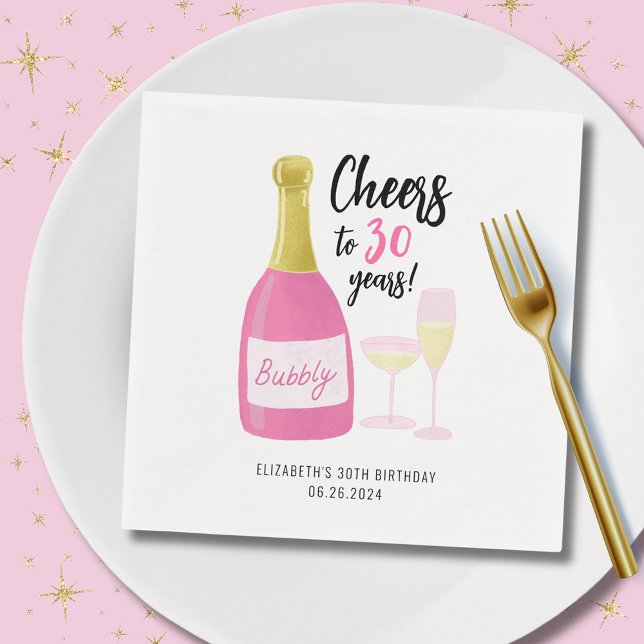 Servilleta De Papel Cumpleaños 30 burbujeante rosa Cheers (Cheers to 30 years pink champagne paper napkins.  Full 30th birthday party range collection.)