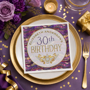 Servilleta De Papel Cumpleaños 30 con diseño de estrato con joyas púrp