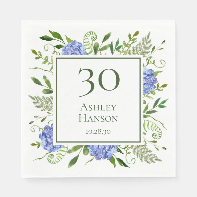 Servilleta De Papel Cumpleaños 30: Hortensias Azules (Anverso)