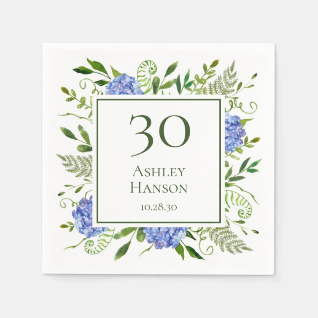 Servilleta De Papel Cumpleaños 30: Hortensias Azules (Anverso)