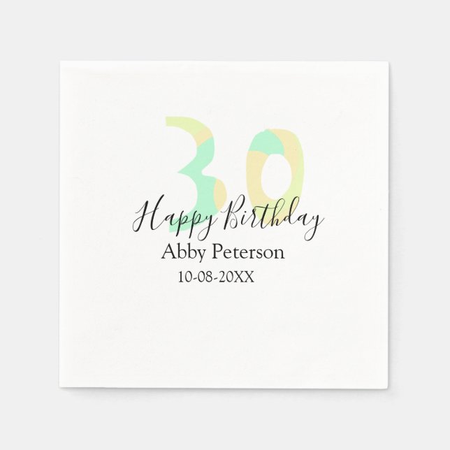 Servilleta De Papel cumpleaños 30 negrita letra pastel amarillo negro  (Anverso)