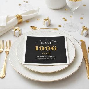 Servilleta De Papel Cumpleaños 30 Nombre 1996 Negro Oro Elegante Chic