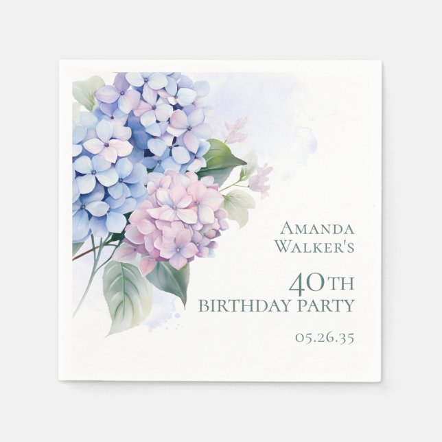 Servilleta De Papel Cumpleaños 40 de Hortensias Azules Rosadas (Anverso)