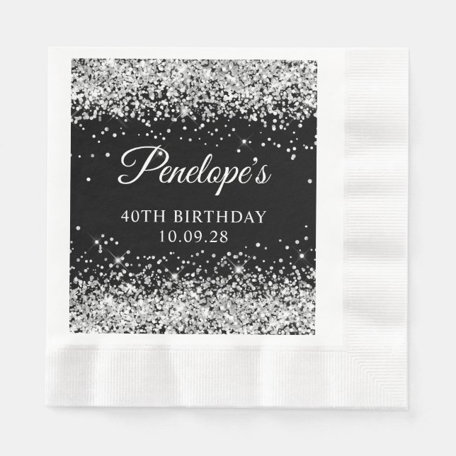 Servilleta De Papel Cumpleaños 40 de Purpurina Plateada y Negro (Anverso)
