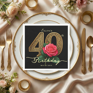 Servilleta De Papel Cumpleaños 40 Elegante Rosa Roja Filigrana de Oro