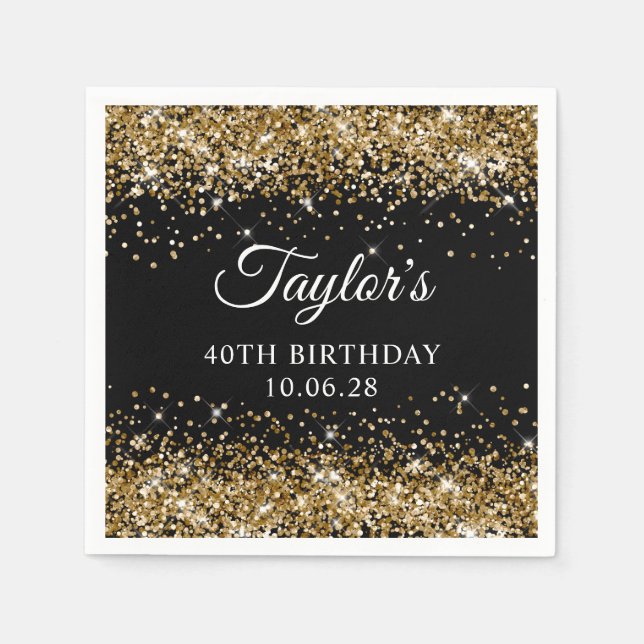 Servilleta De Papel Cumpleaños 40 Glitter Dorado Negro (Anverso)